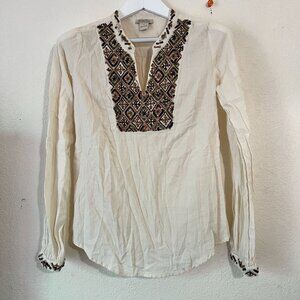 Lucky Brand Womens Beaded Embellished Long Sleeve Top Small Ivory Split Neck